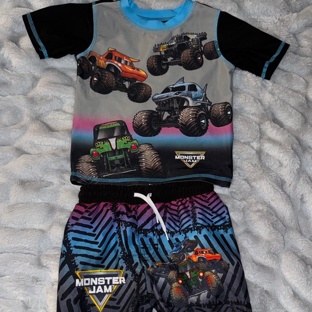 Monster Jam rashguard and swim trunks set